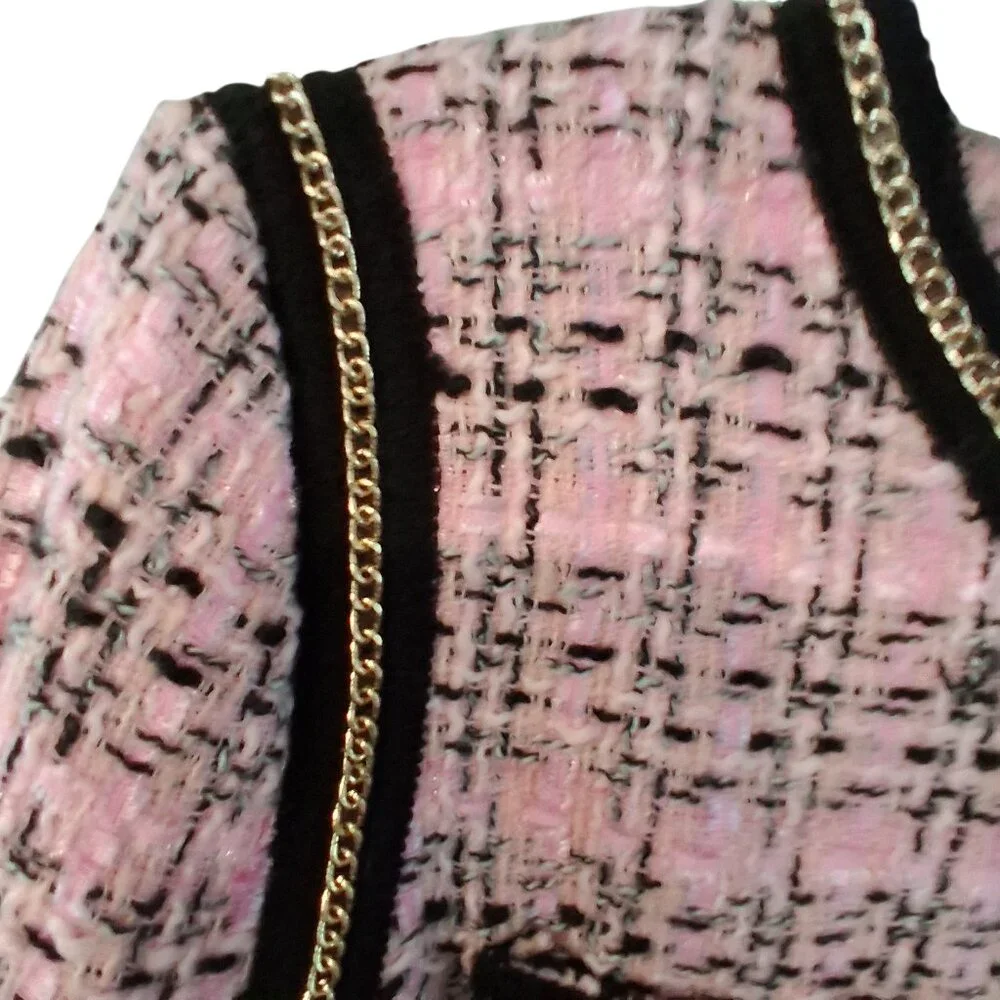 Michael Simon Blazer jacket womens Medium pink black tweed chain plaid
